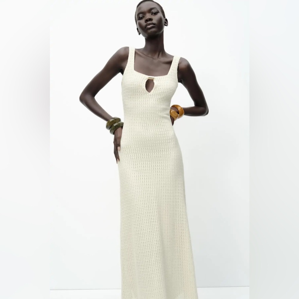 Sleeveless Cream Crochet Maxi Dress with Keyhole